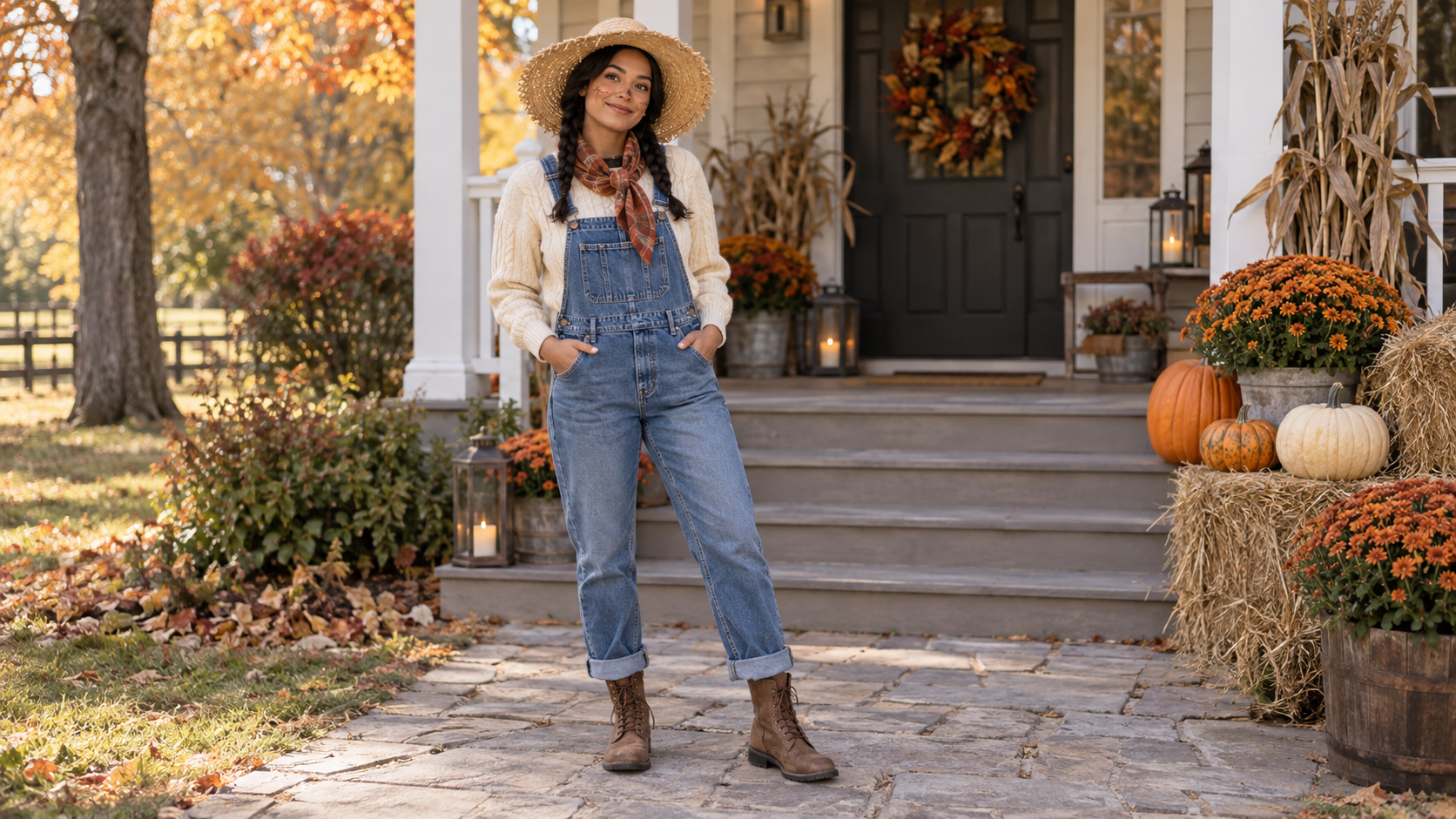 Rust Denim and Cream Scarecrow Costume with Cable Knit Sweater Overalls and Straw Hat